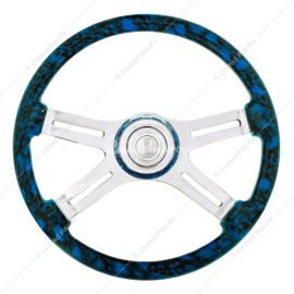 18" 4 Spoke Skull Steering Wheel With Matching Skull Horn Bezel - Blue - UP