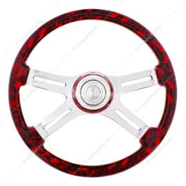 18" 4 Spoke Skull Steering Wheel With Matching Skull Horn Bezel - Red - UP