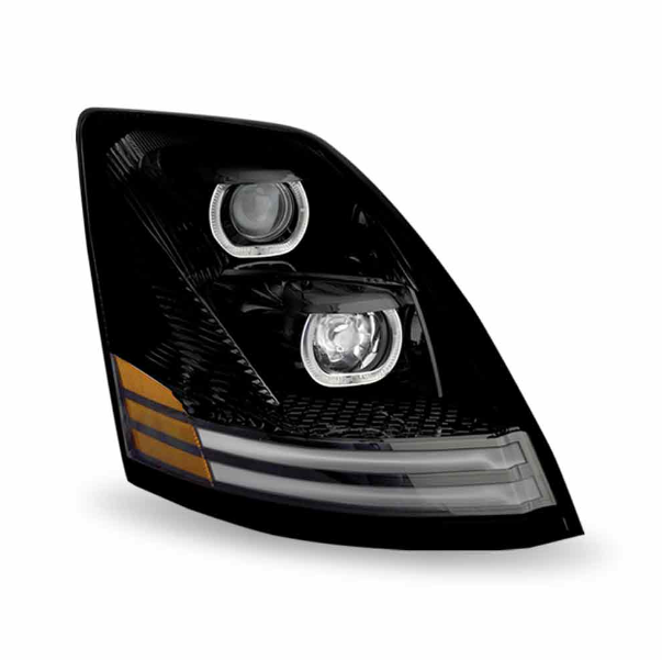 Volvo VN/VNL LED Projector Headlight Assembly with LED Glow Position, Turn & Marker Accents – Black (Passenger Side)