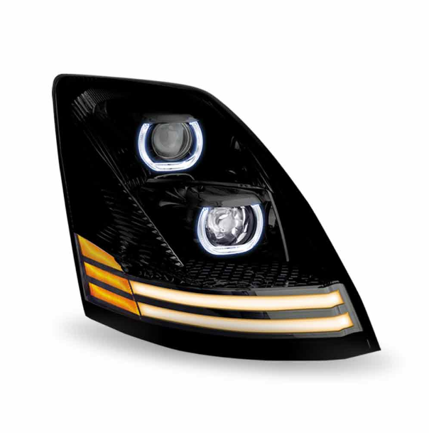 Volvo VN/VNL LED Projector Headlight Assembly with LED Glow Position, Turn & Marker Accents – Black (Passenger Side) - Image 3